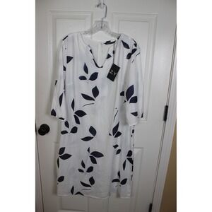 C.O.Z.Y White Navy Blue Leaf Print Bamboo Blend Shift Dress Size 8 NEW